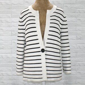 JONES NEW YORK Cardigan Knit Stripe Collarless Open Front Black White Medium
